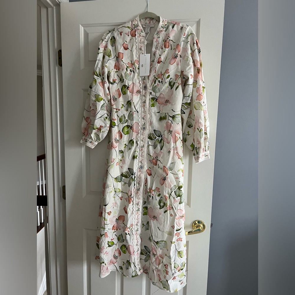 NWT Caroline Constas Floral White Pastel Multicolor Linen Blend Shirt Dress